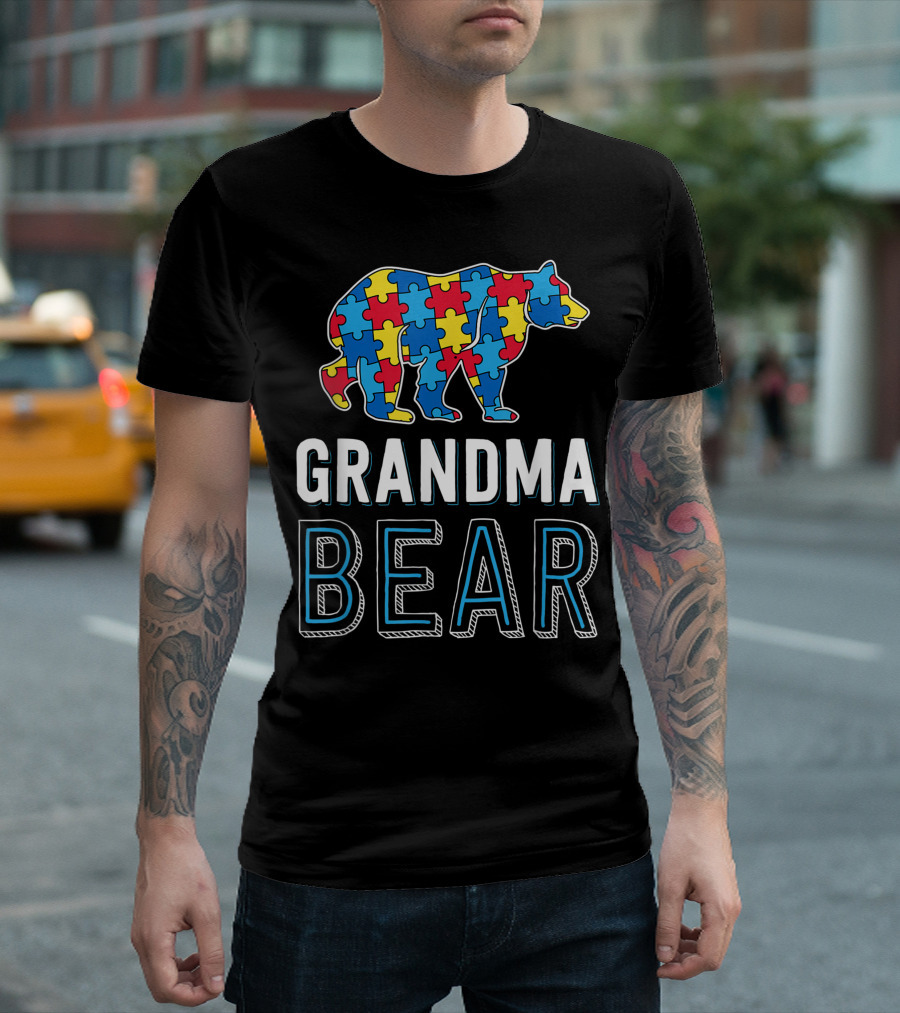 Grandma Bear Puzzle Piece Autism Awareness Family Day T-Shirt