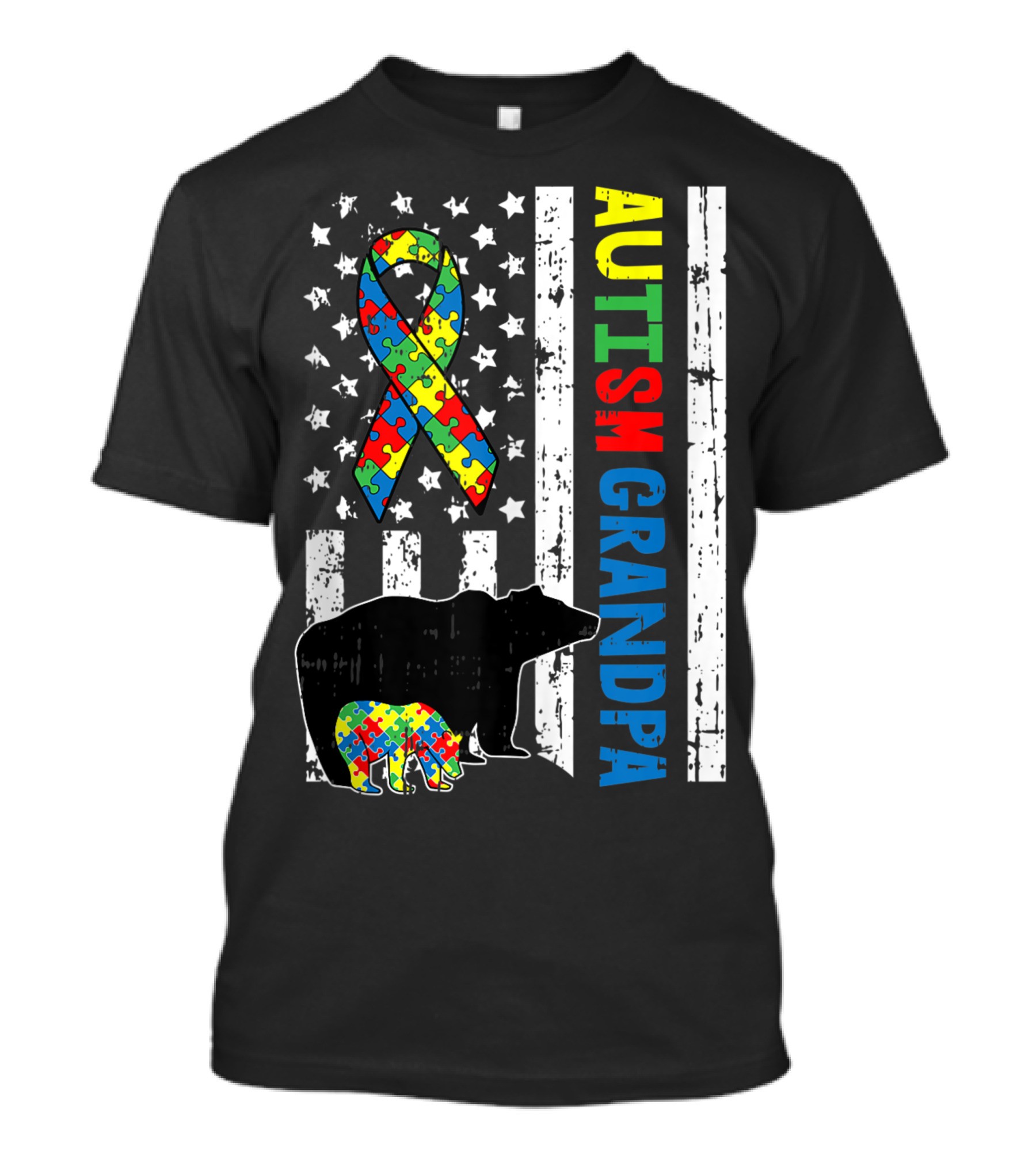 Autism Grandpa Bear US Flag Puzzle Ribbon Family Awareness T-Shirt