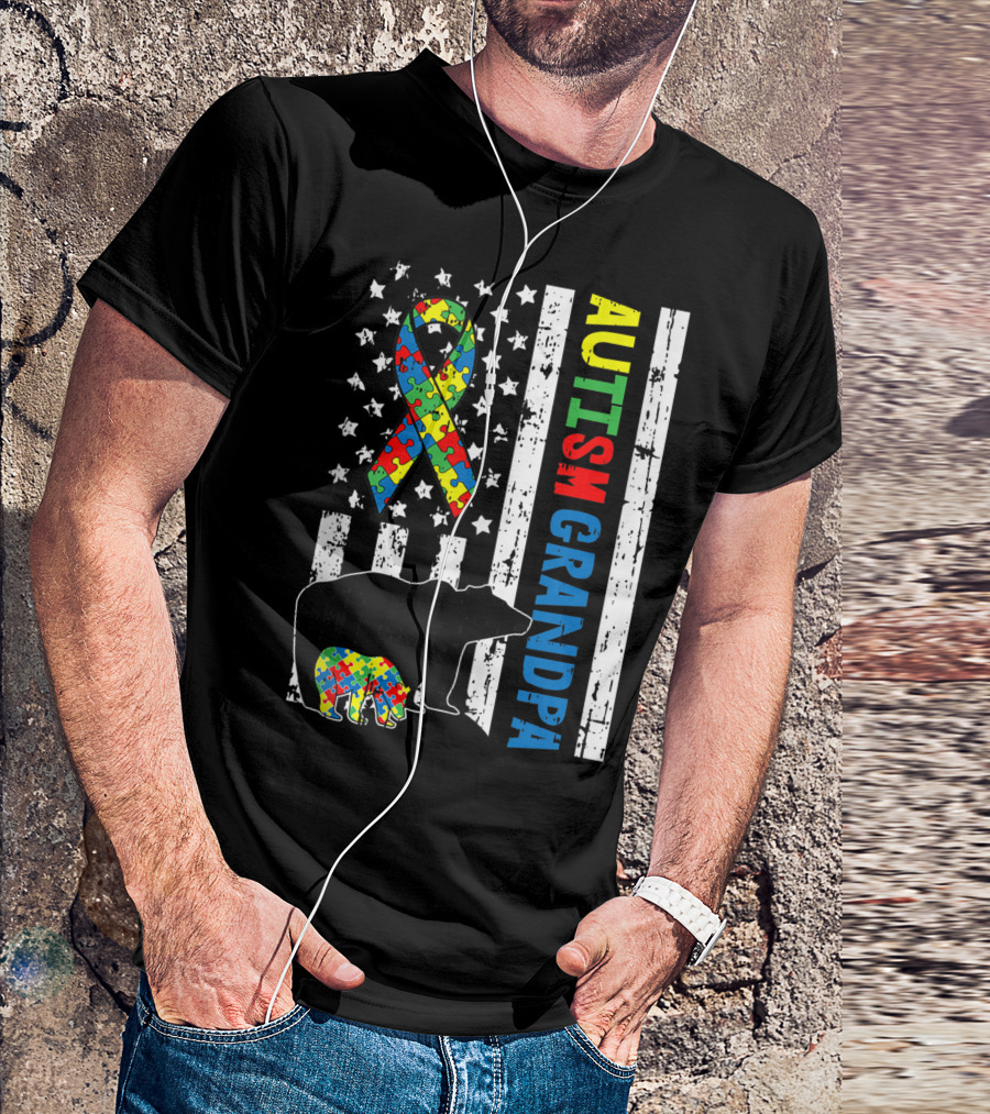 Autism Grandpa Bear US Flag Puzzle Ribbon Family Awareness T-Shirt