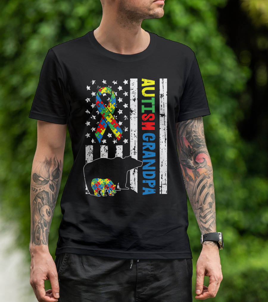 Autism Grandpa Bear US Flag Puzzle Ribbon Family Awareness T-Shirt
