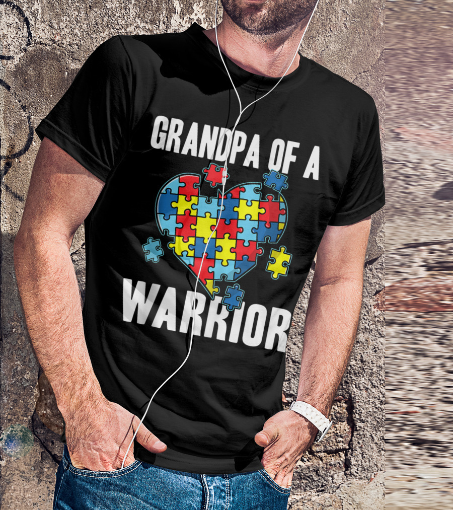 Grandpa Of A Warrior Autism Awareness Puzzle Heart T-Shirt