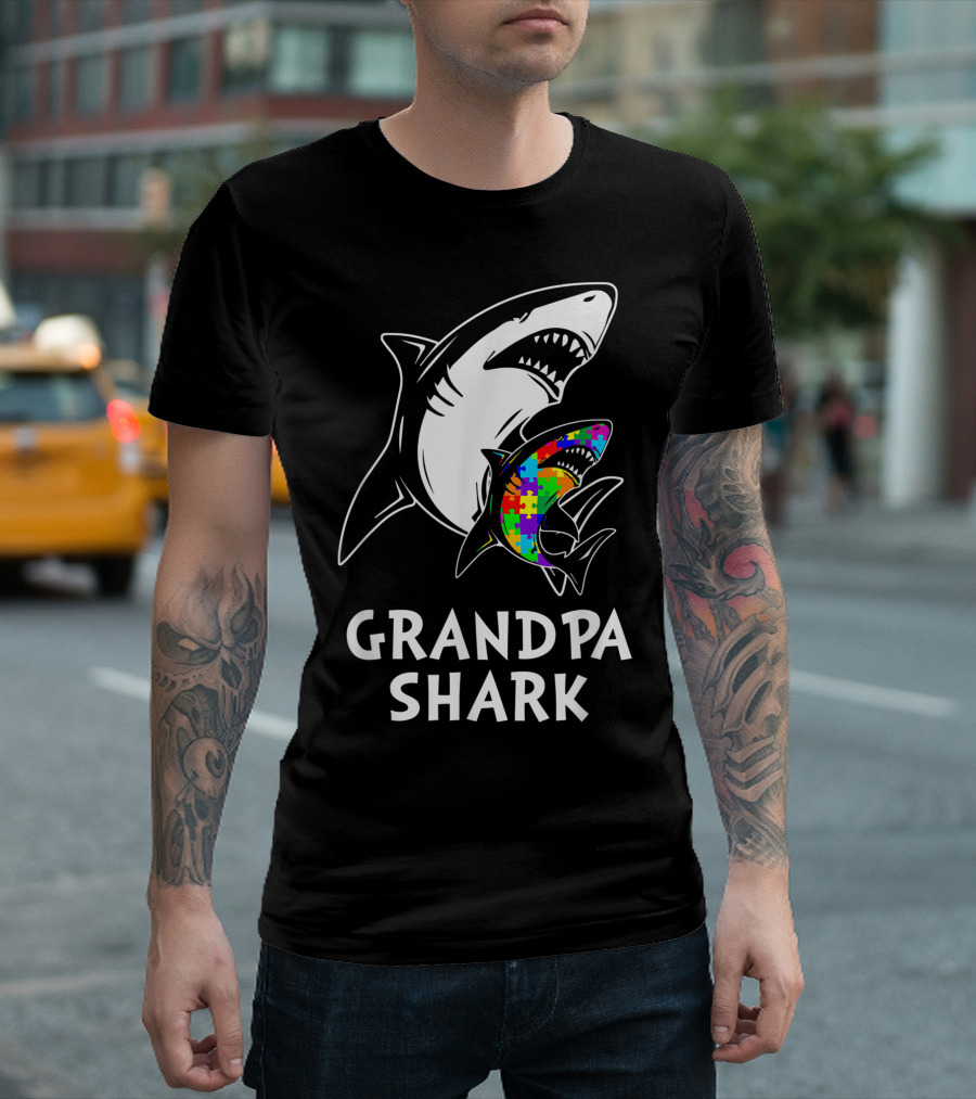 Grandpa Shark with Colorful Puzzle Pattern for Autism Awareness T-Shirt