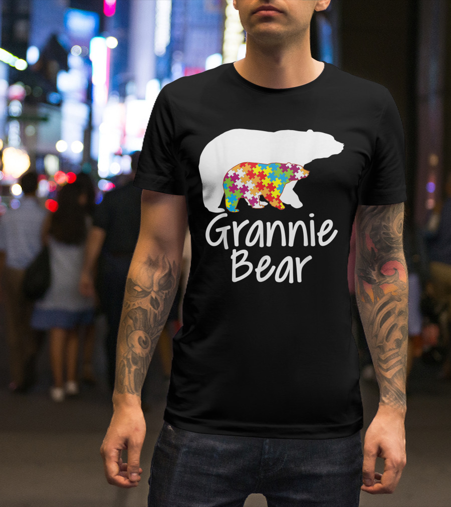 Grannie Bear Autism Awareness Rainbow Puzzle Ribbon Day T-Shirt