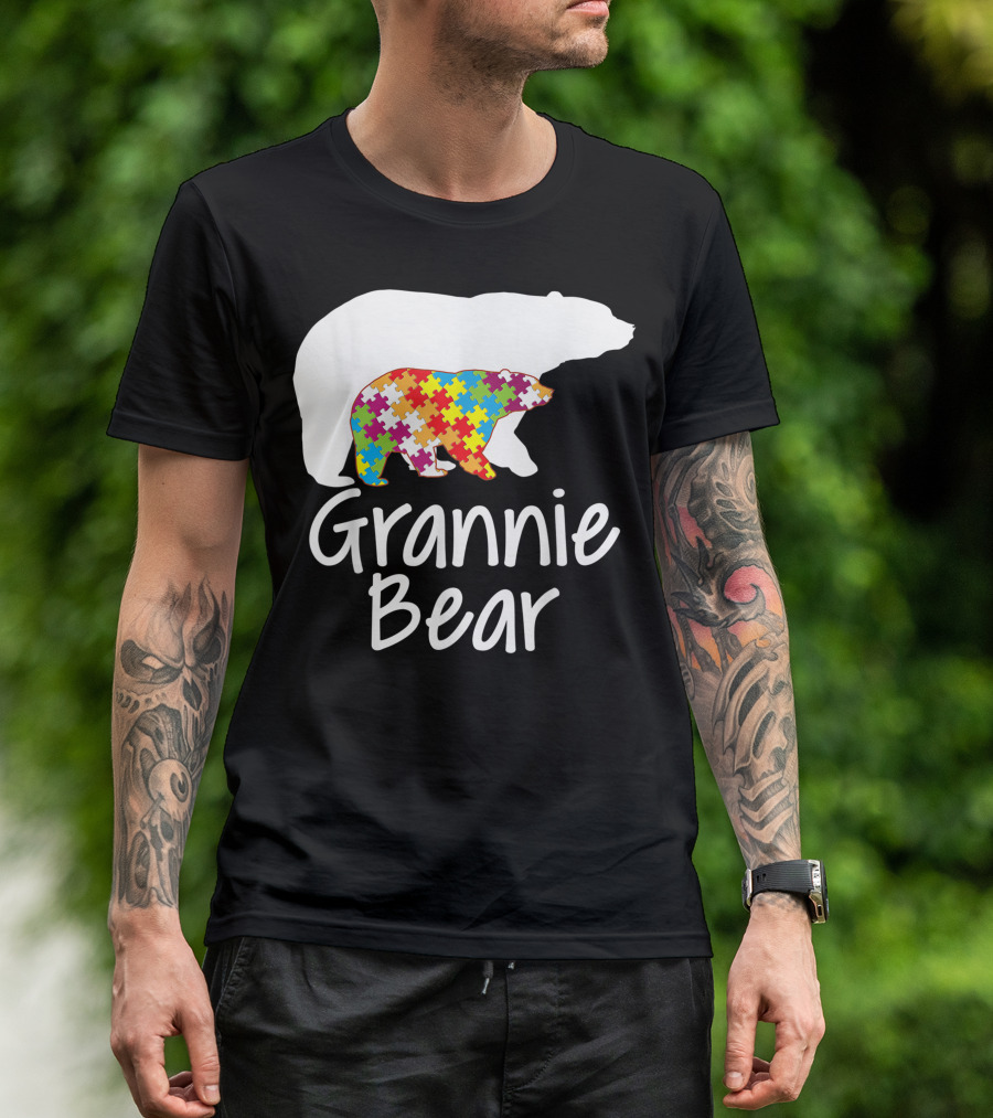 Grannie Bear Autism Awareness Rainbow Puzzle Ribbon Day T-Shirt