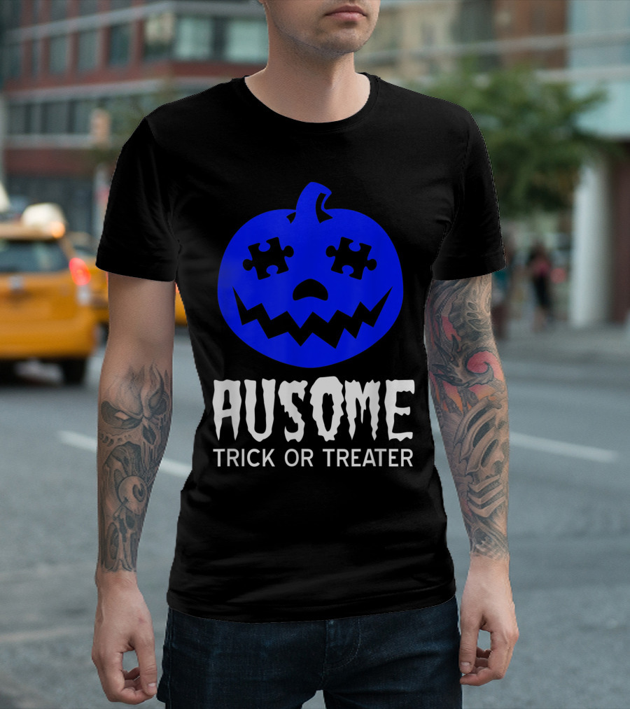 Ausome Trick Or Treater Halloween Autism Awareness Blue Pumpkin T-Shirt