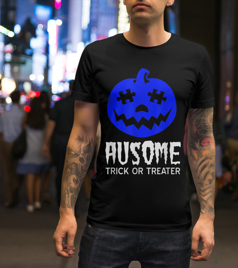 Ausome Trick Or Treater Halloween Autism Awareness Blue Pumpkin T-Shirt