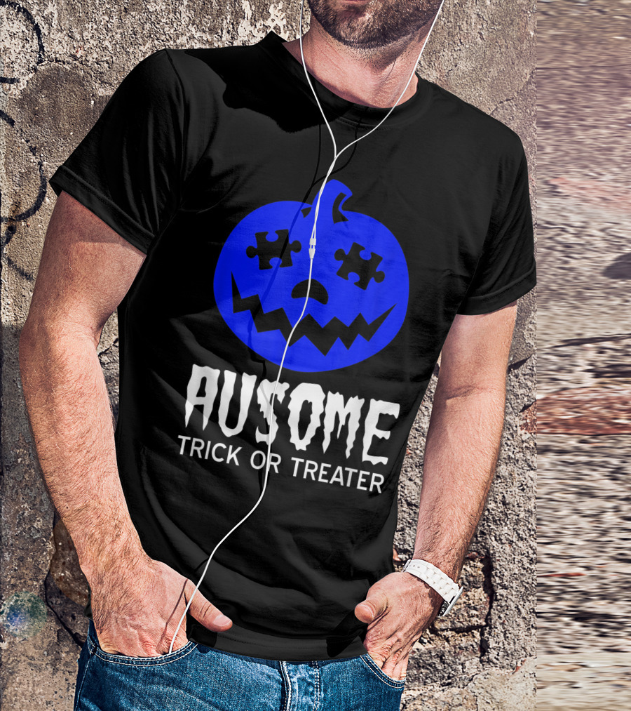 Ausome Trick Or Treater Halloween Autism Awareness Blue Pumpkin T-Shirt