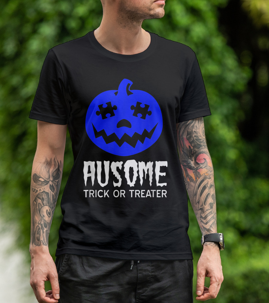 Ausome Trick Or Treater Halloween Autism Awareness Blue Pumpkin T-Shirt