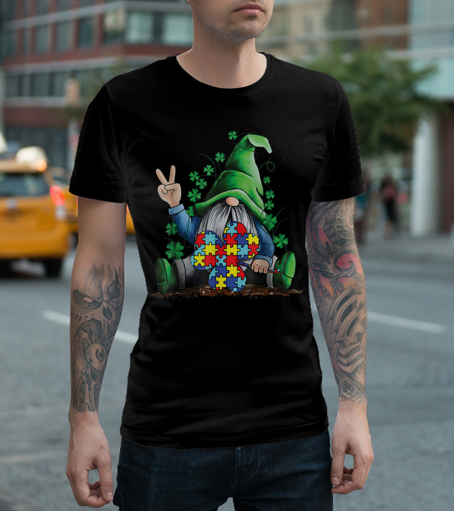 Hippie Gnomes Peace Sign Shamrock Autism Awareness Puzzle Piece T-Shirt