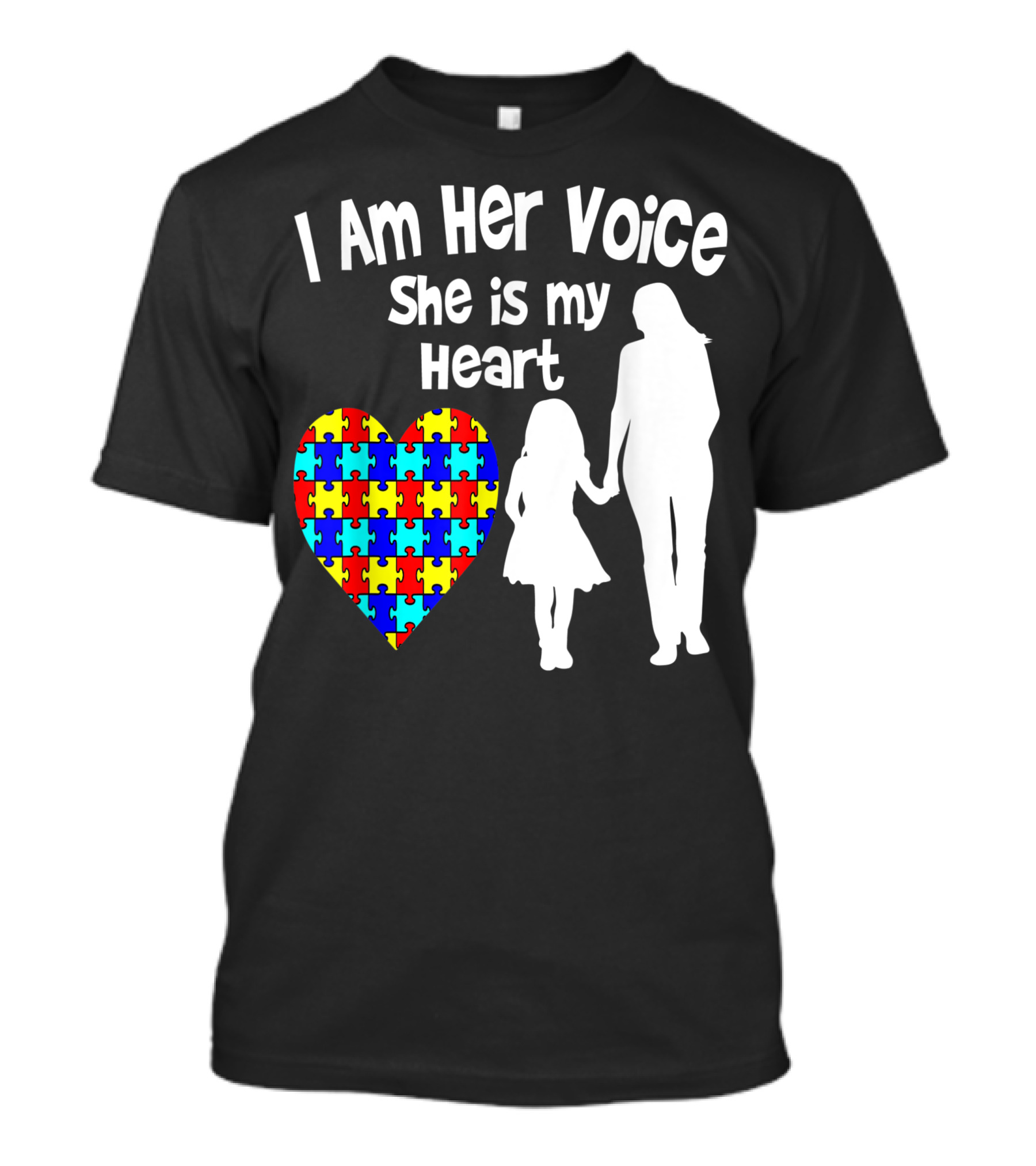 I Am Her Voice She Is My Heart Autism Silhouette Puzzle Heart T-Shirt