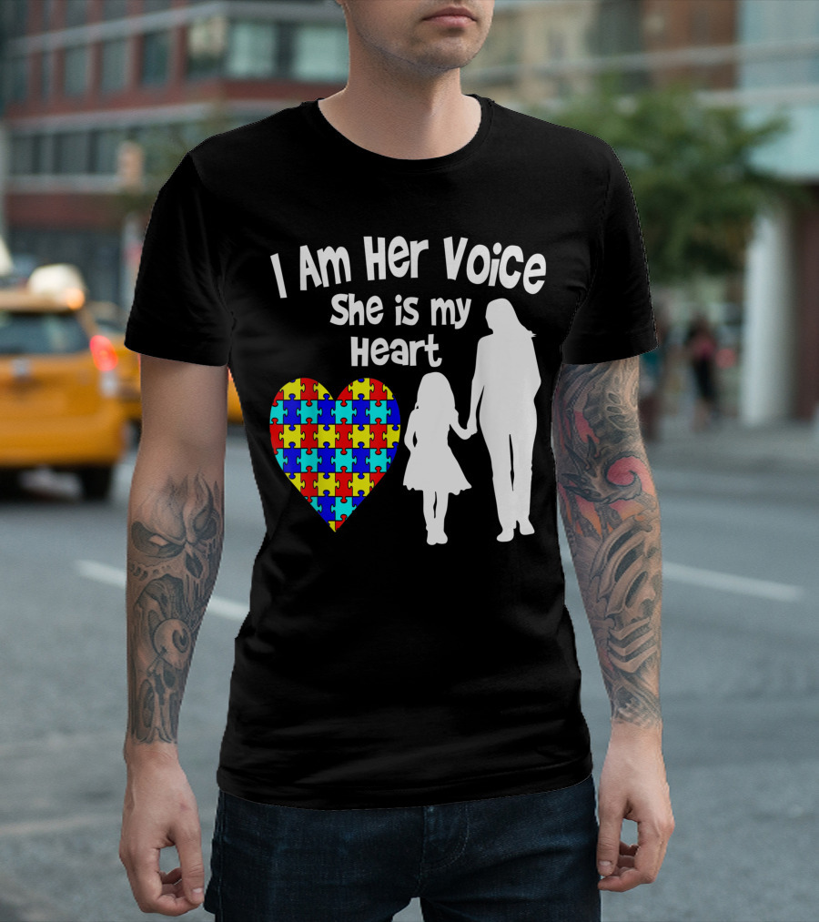 I Am Her Voice She Is My Heart Autism Silhouette Puzzle Heart T-Shirt