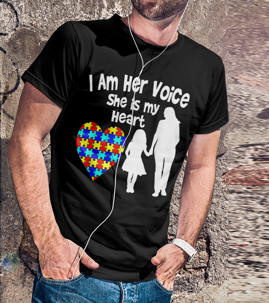 I Am Her Voice She Is My Heart Autism Silhouette Puzzle Heart T-Shirt
