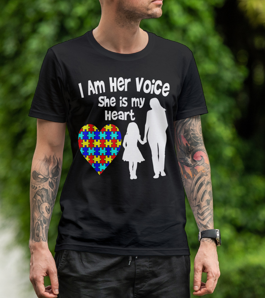 I Am Her Voice She Is My Heart Autism Silhouette Puzzle Heart T-Shirt