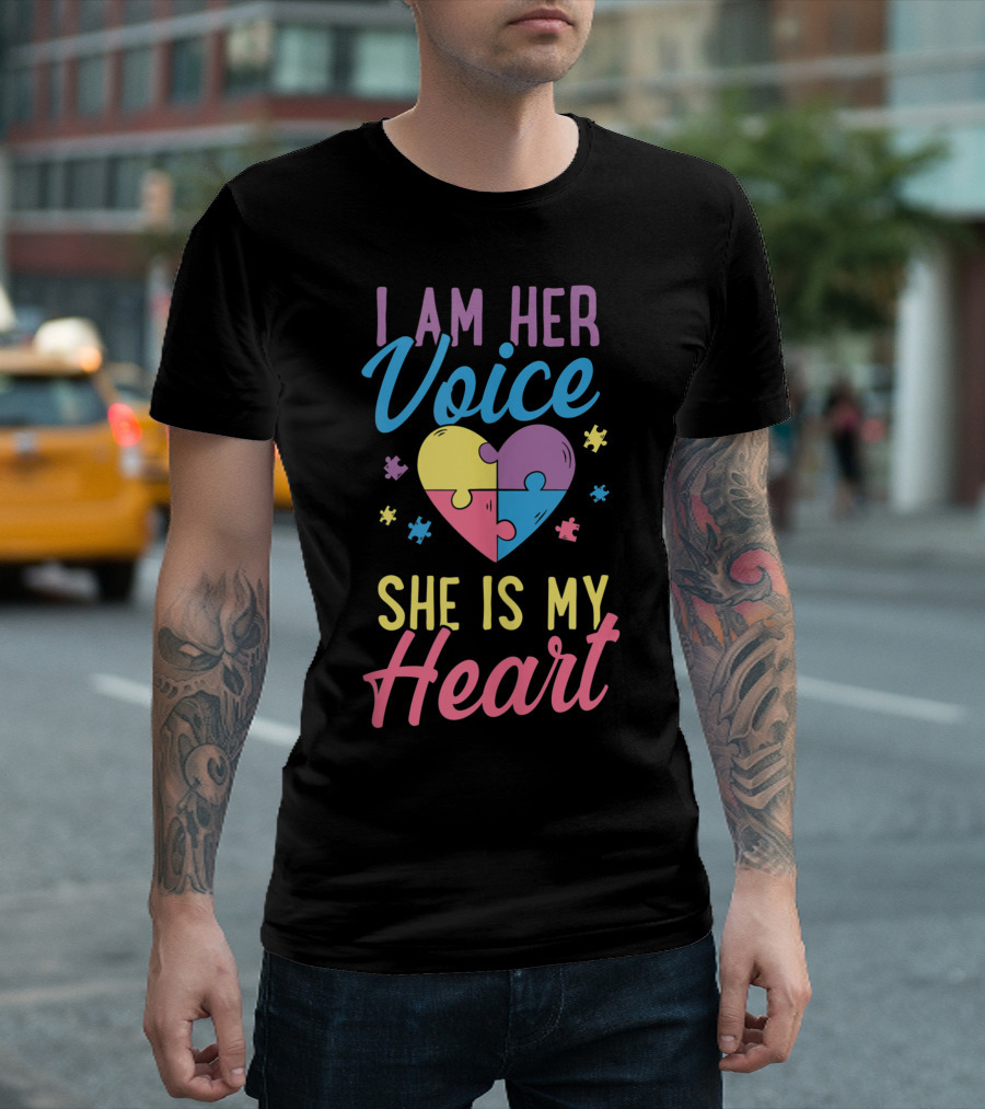 I Am Her Voice She Is My Heart Puzzle Piece Autism Love T-Shirt