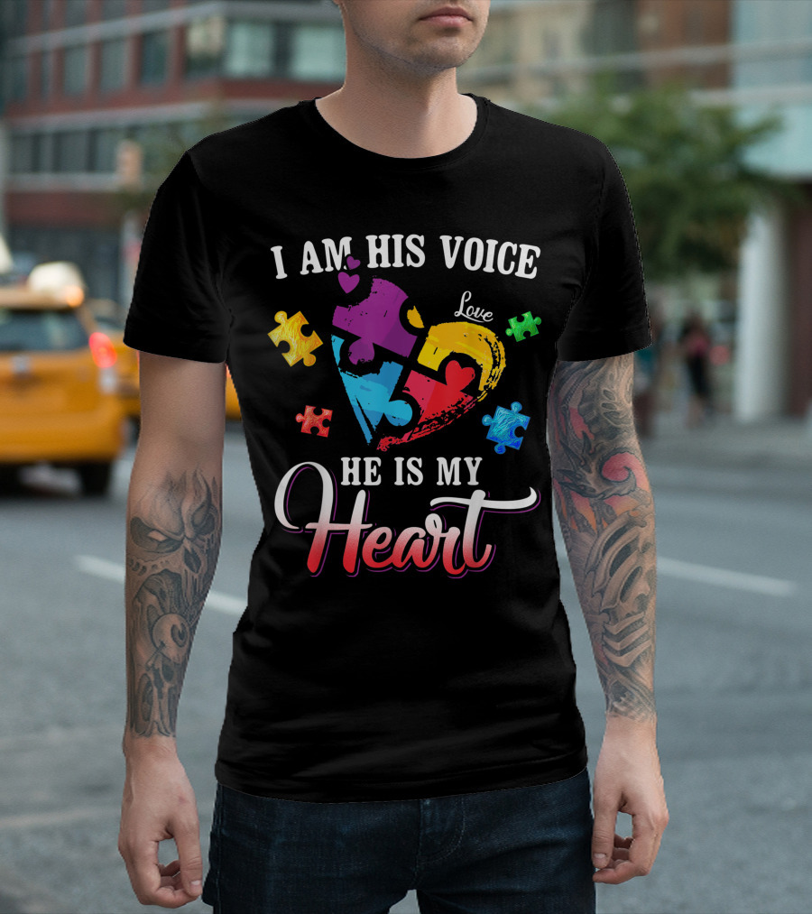 I Am His Voice He Is My Heart Autism Awareness Love Puzzle Pieces T-Shirt
