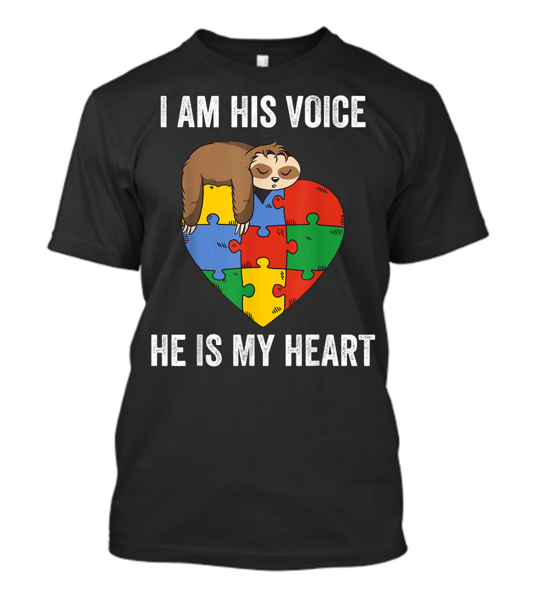 I Am His Voice He Is My Heart Sloth Autism Puzzle Heart T-Shirt
