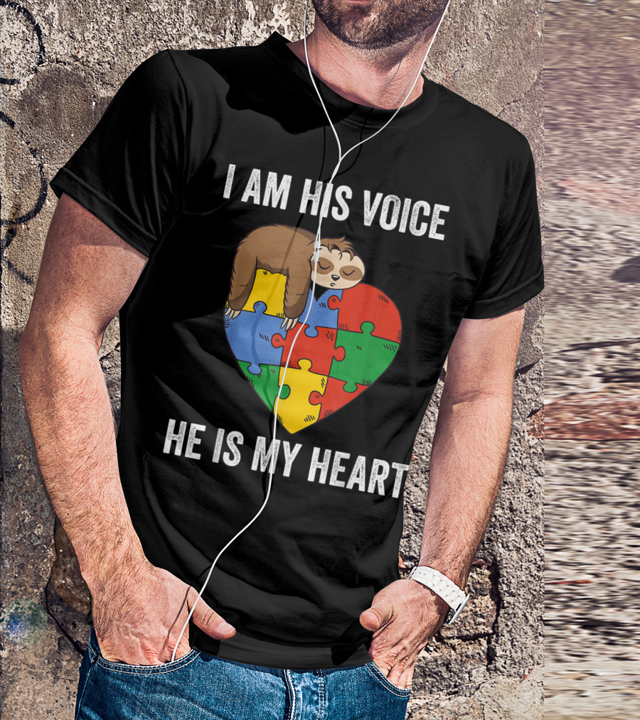 I Am His Voice He Is My Heart Sloth Autism Puzzle Heart T-Shirt