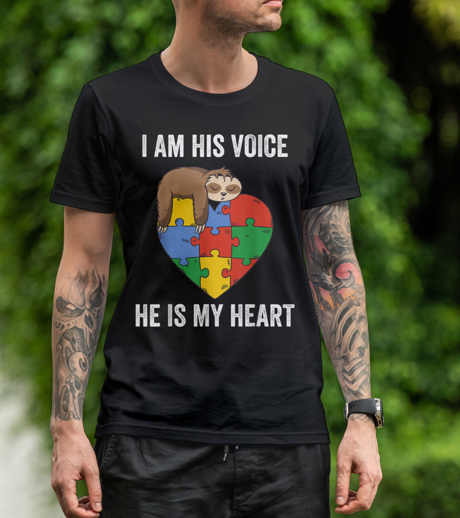 I Am His Voice He Is My Heart Sloth Autism Puzzle Heart T-Shirt