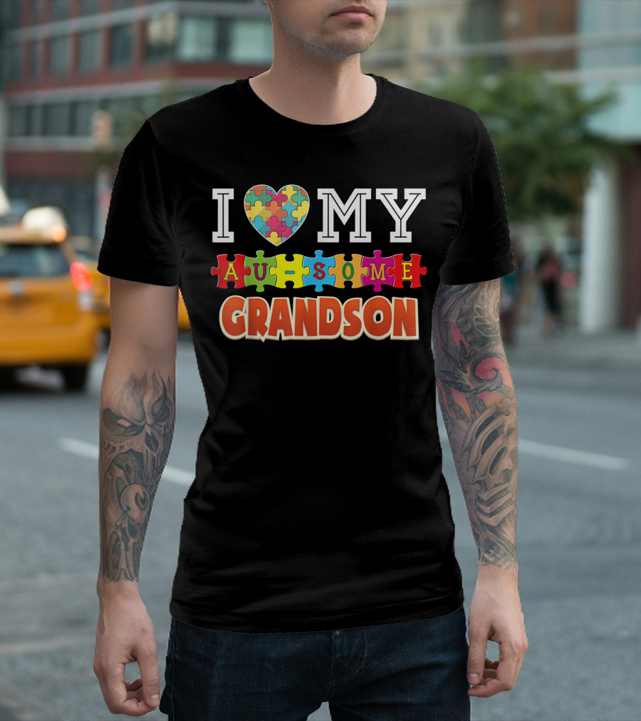 I Love My Au Some Grandson Autism Awareness Heart Puzzle Rainbow T-Shirt
