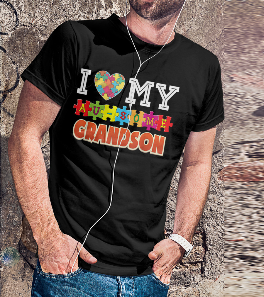 I Love My Au Some Grandson Autism Awareness Heart Puzzle Rainbow T-Shirt