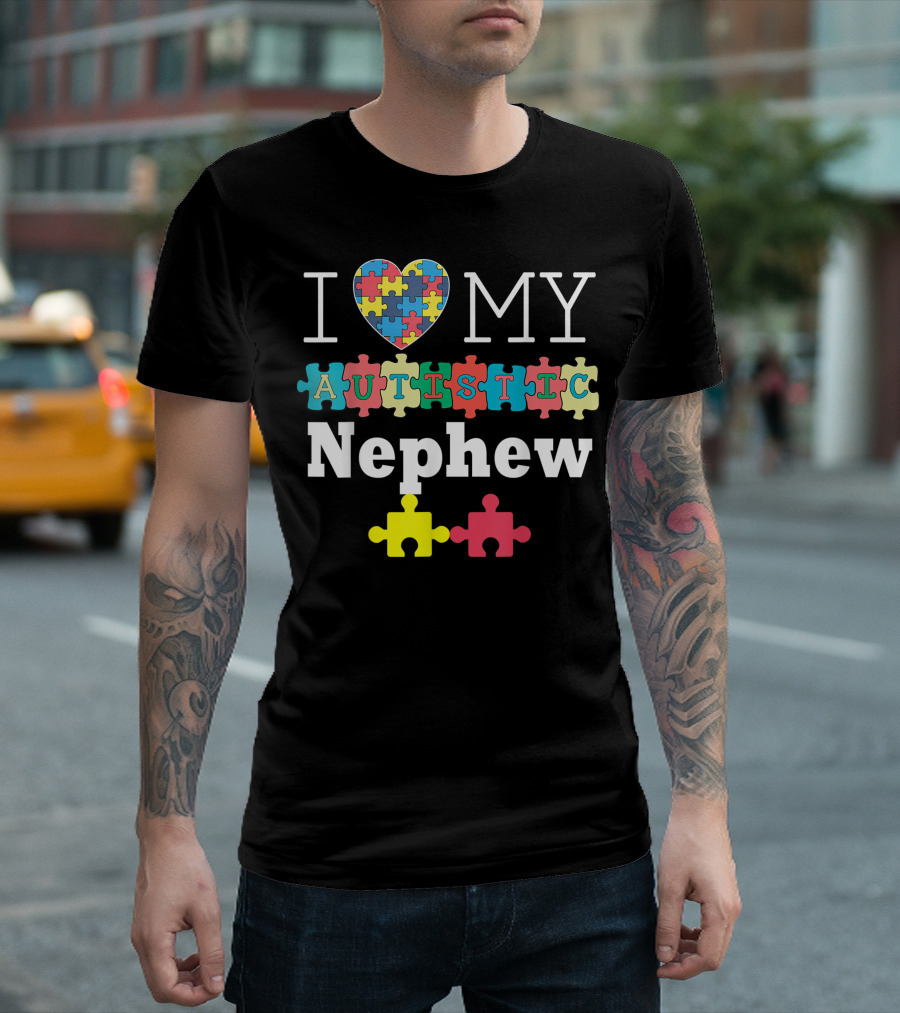 I Love My Autistic Nephew Heart Puzzle Autism Awareness Day T-Shirt