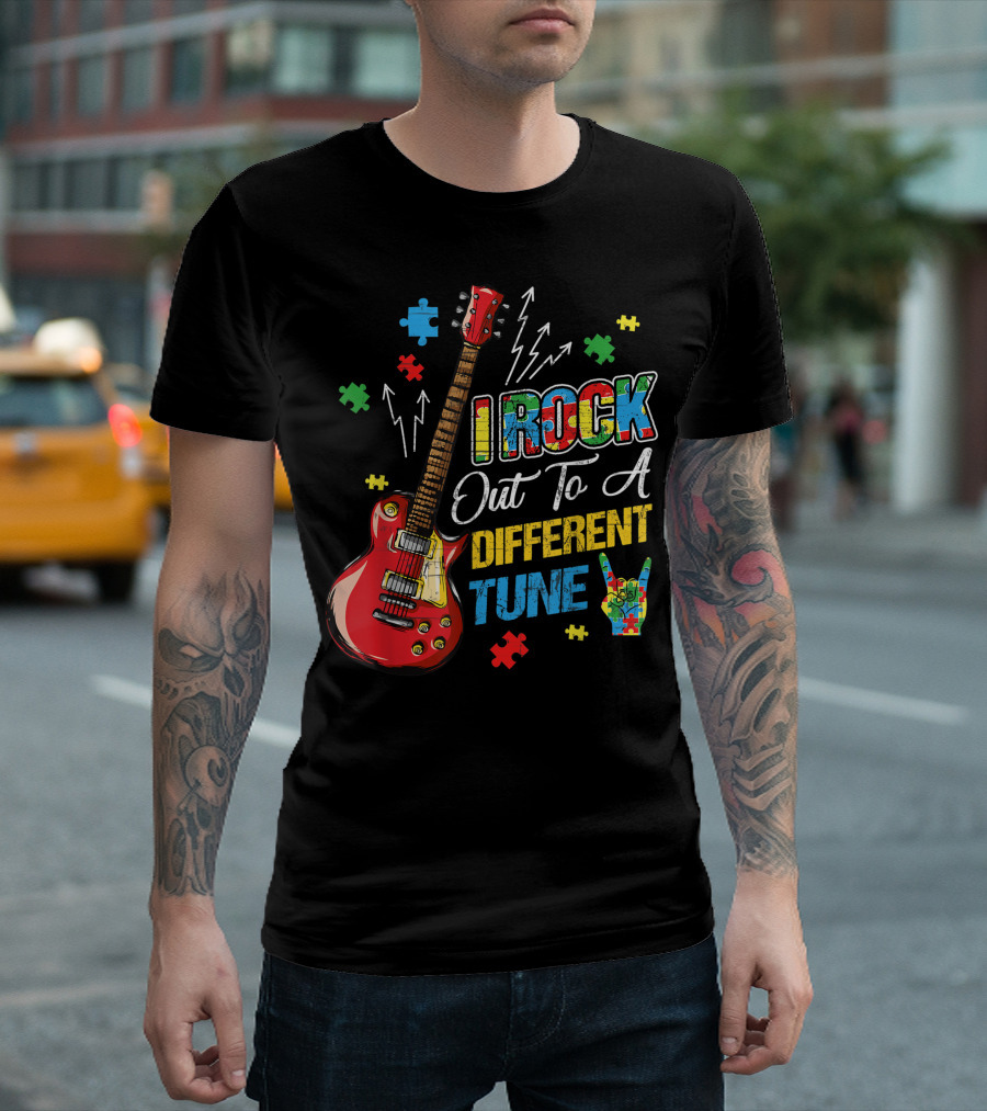 I Rock Out To A Different Tune Autism Awareness Guitar Puzzle Pieces T-Shirt