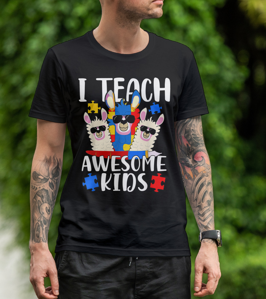 I Teach Awesome Kids Llama Autism Awareness Puzzle Theme Sped Teacher T-Shirt