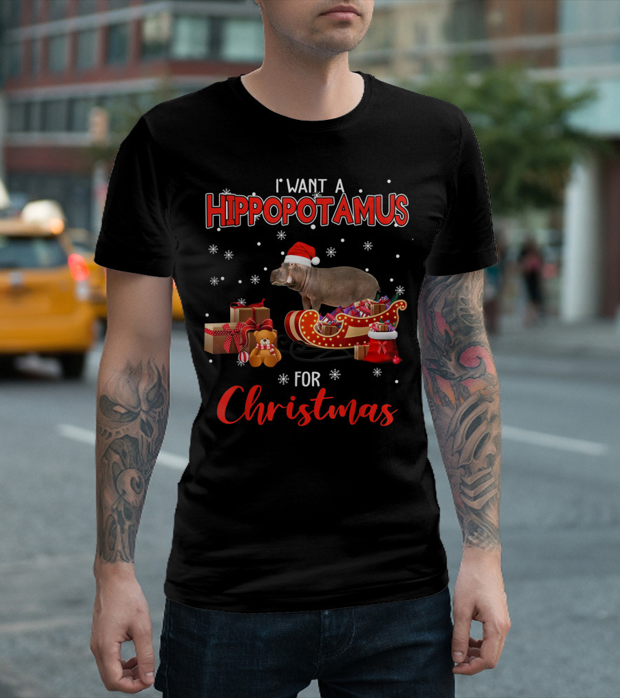 I Want a Hippopotamus for Christmas Hippo in Santa Sleigh with Gifts and Snowflakes T-Shirt