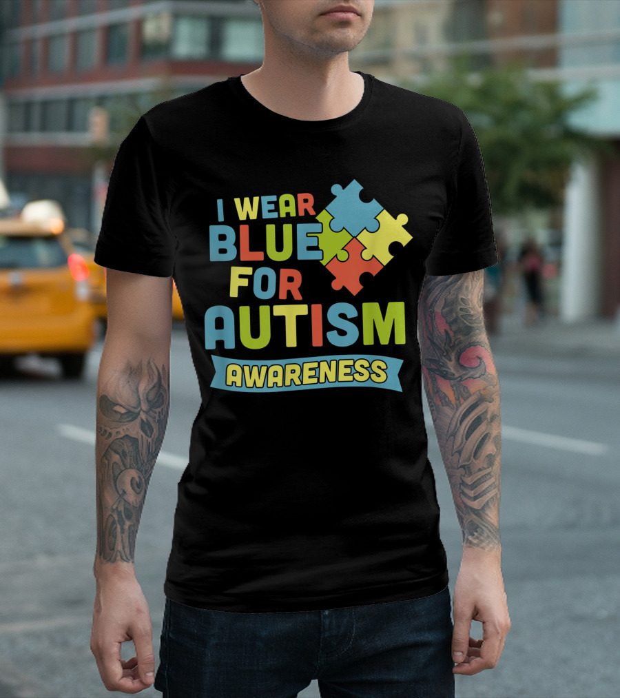 I Wear Blue For Autism Awareness Colorful Puzzle Piece T-Shirt
