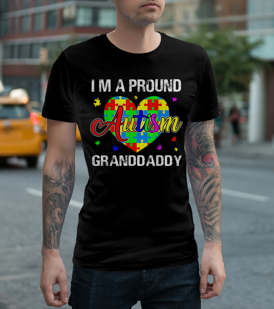 Proud Autism Granddaddy Heart Puzzle Autism Awareness T-Shirt