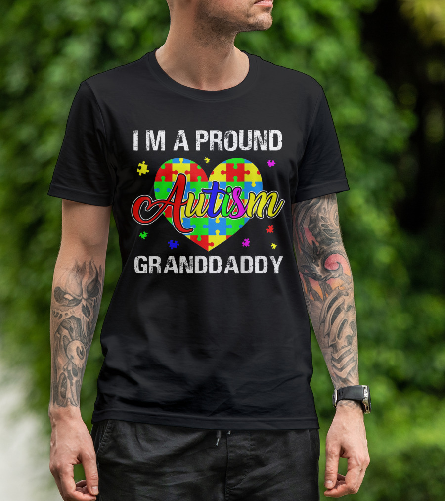 Proud Autism Granddaddy Heart Puzzle Autism Awareness T-Shirt