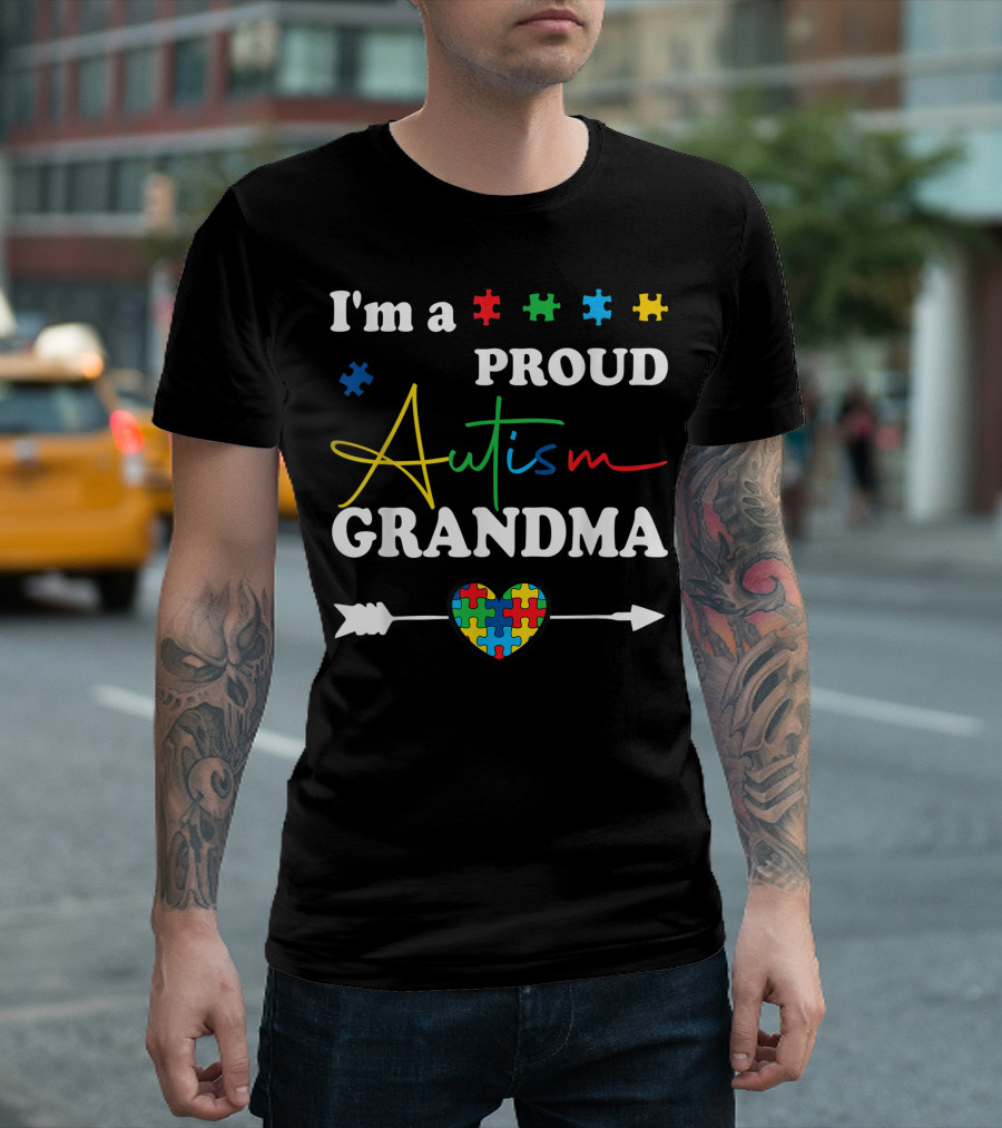 I'm A Proud Autism Grandma Colorful Puzzle Heart Arrow T-Shirt