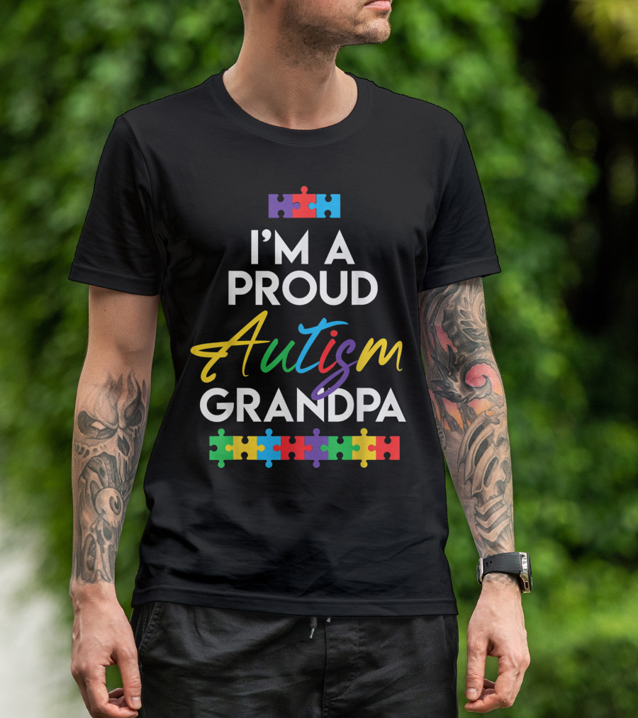 I'm A Proud Autism Grandpa Colorful Puzzle Heart T-Shirt