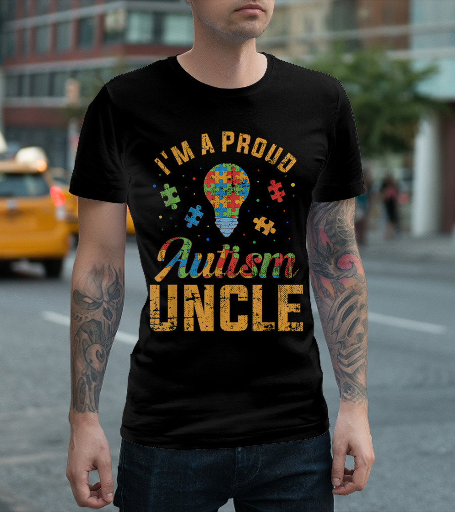 I'm A Proud Autism Uncle Autism Awareness Puzzle Lightbulb T-Shirt
