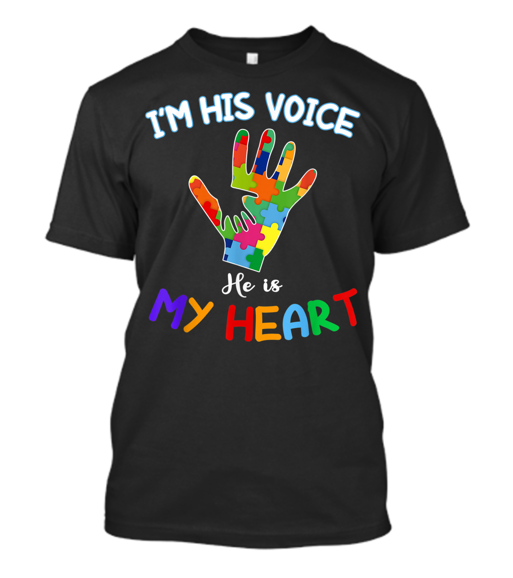 I'm His Voice He Is My Heart Autism Awareness Day Puzzle Hand T-Shirt