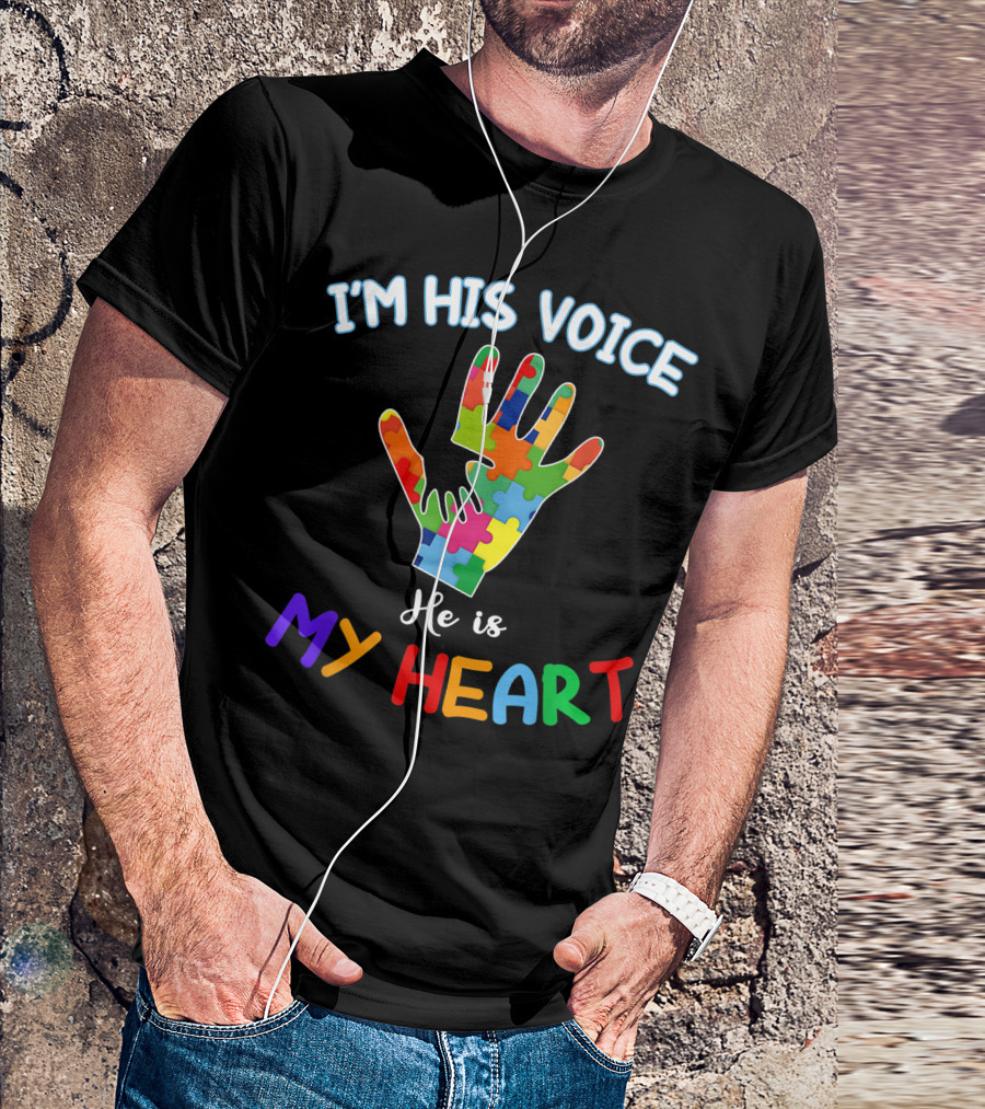 I'm His Voice He Is My Heart Autism Awareness Day Puzzle Hand T-Shirt
