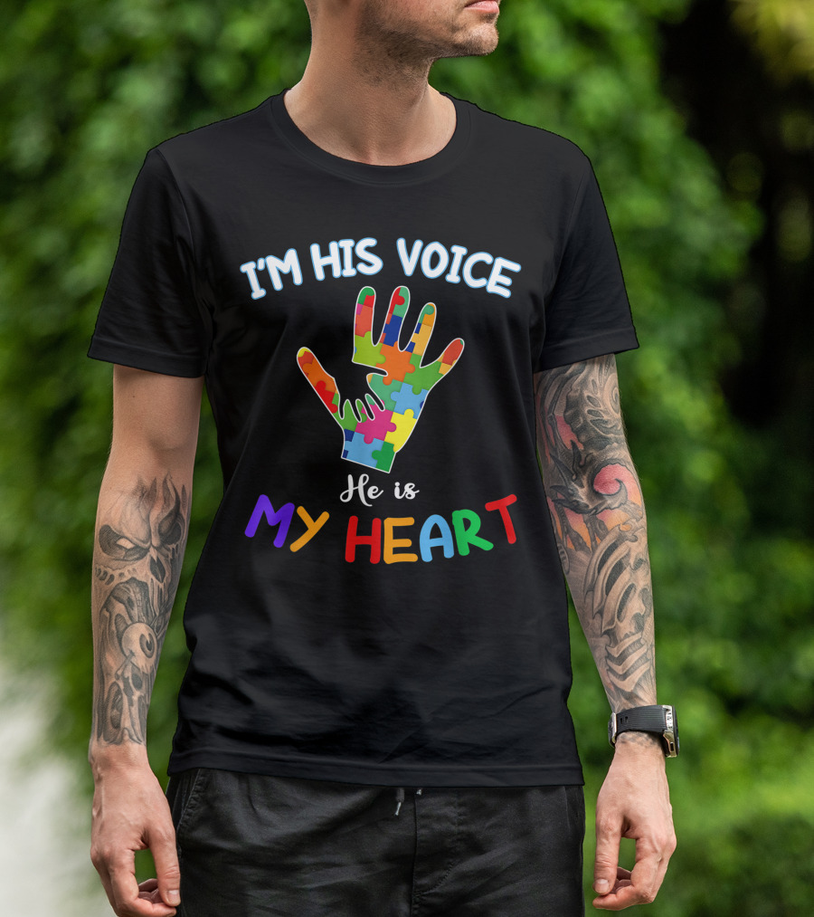 I'm His Voice He Is My Heart Autism Awareness Day Puzzle Hand T-Shirt