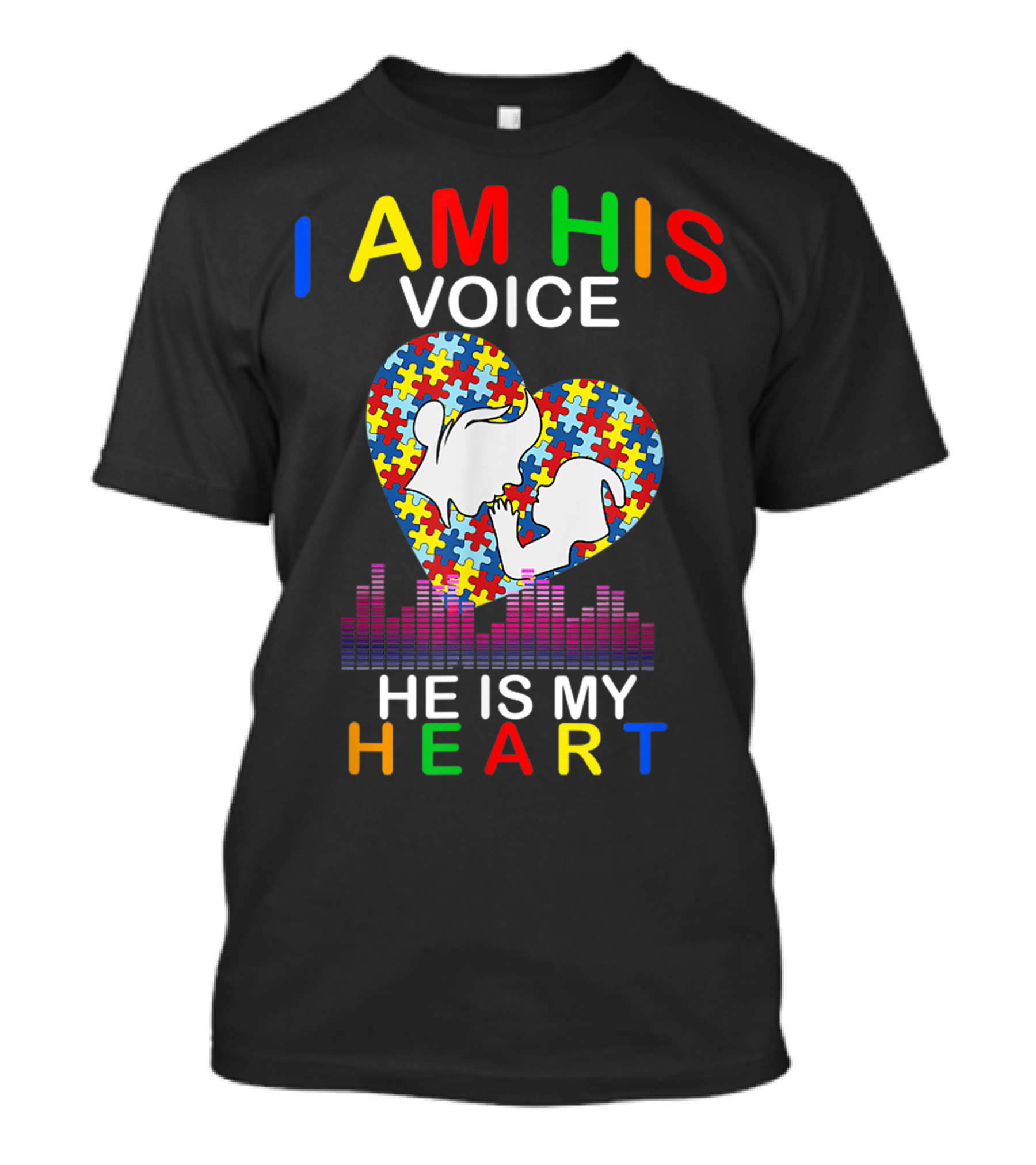 I Am His Voice He Is My Heart Autism Awareness Puzzle Heart And Silhouette With Sound Waves T-Shirt
