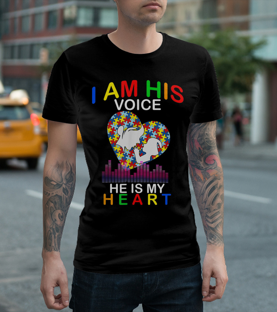 I Am His Voice He Is My Heart Autism Awareness Puzzle Heart And Silhouette With Sound Waves T-Shirt
