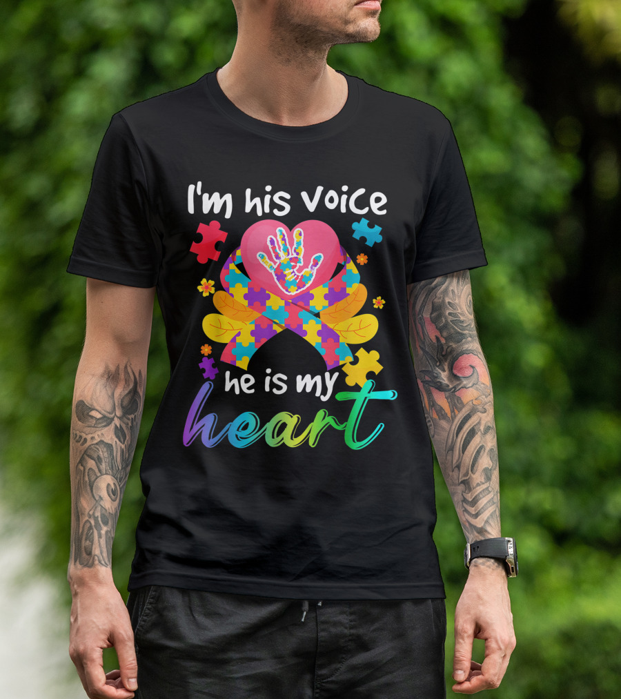 I'm His Voice He Is My Heart Autism Awareness Mom Puzzle T-Shirt