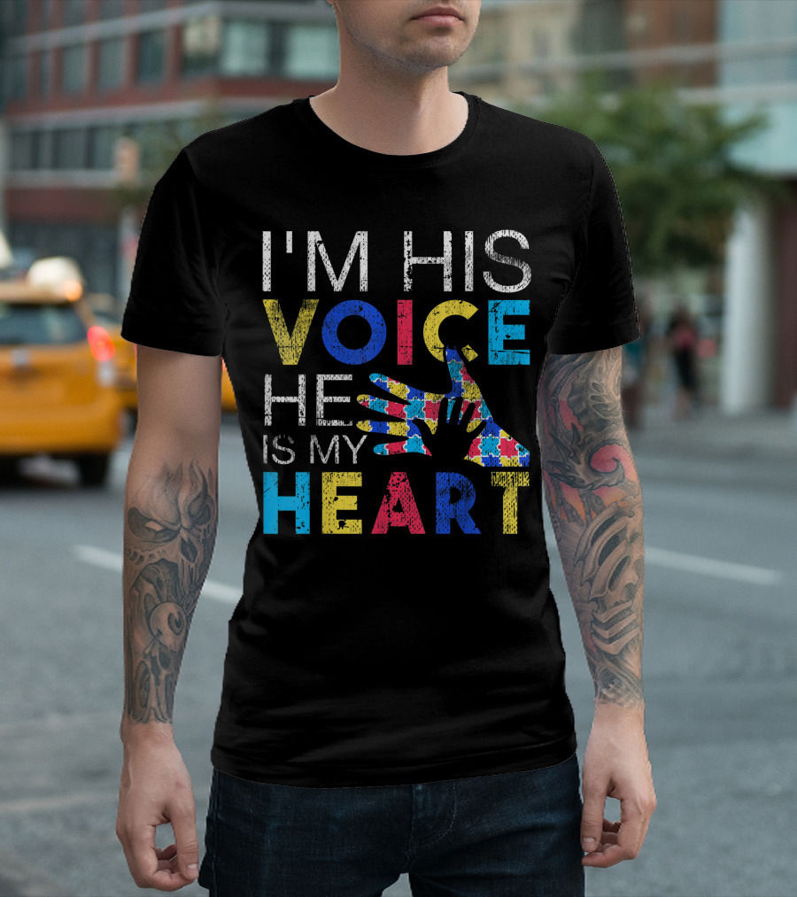 I'm His Voice He Is My Heart Autism Puzzle Piece Hands T-Shirt
