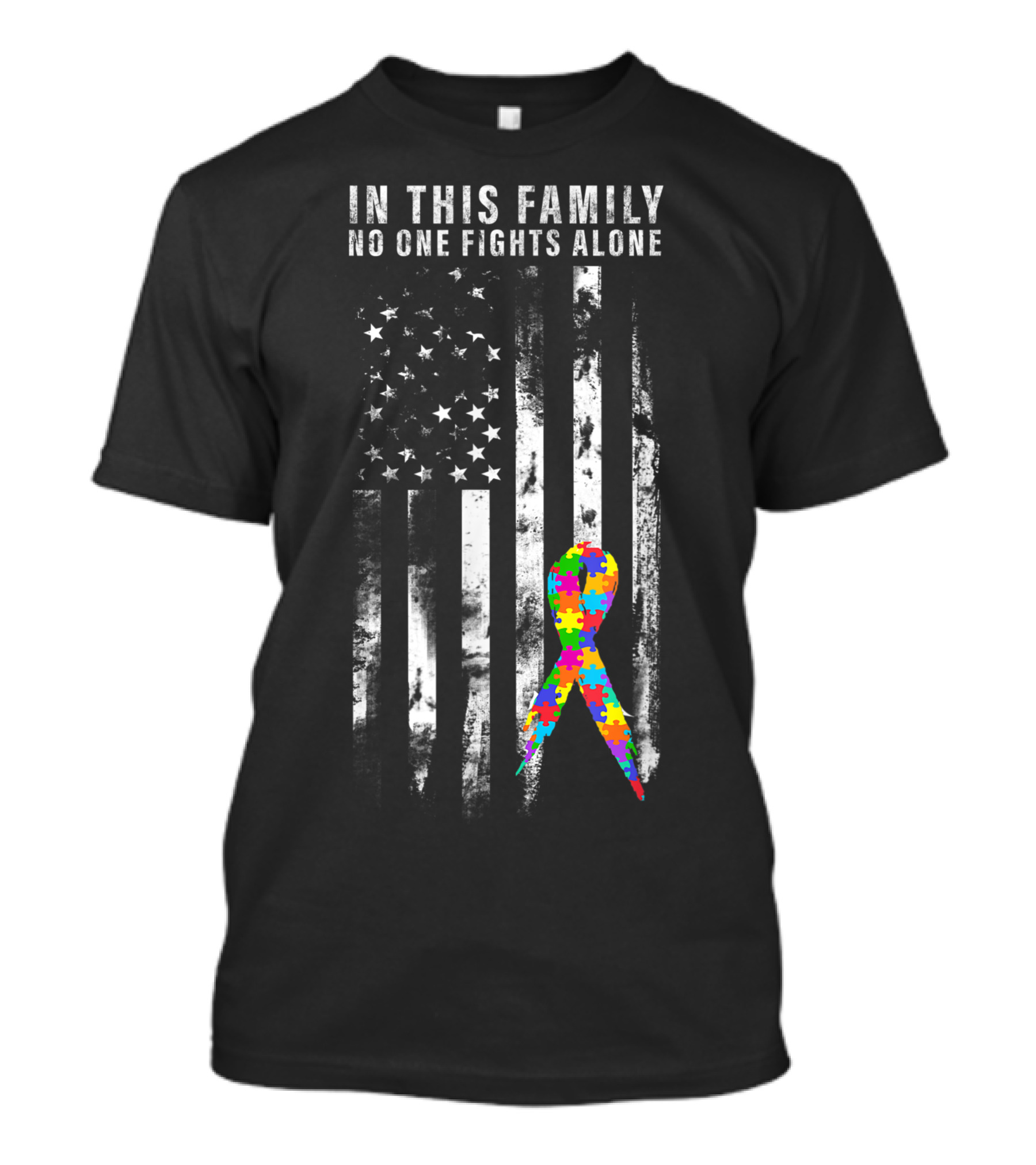 In This Family No One Fights Alone Autism Awareness Support American Flag Puzzle T-Shirt