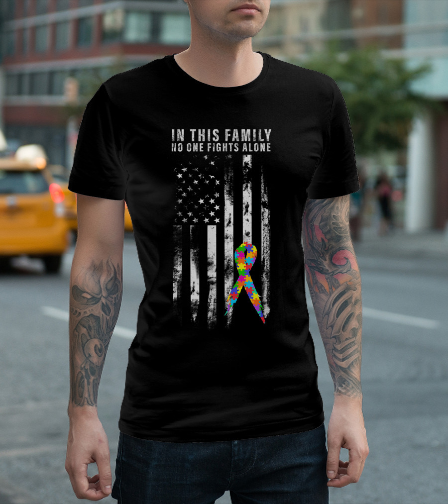 In This Family No One Fights Alone Autism Awareness Support American Flag Puzzle T-Shirt