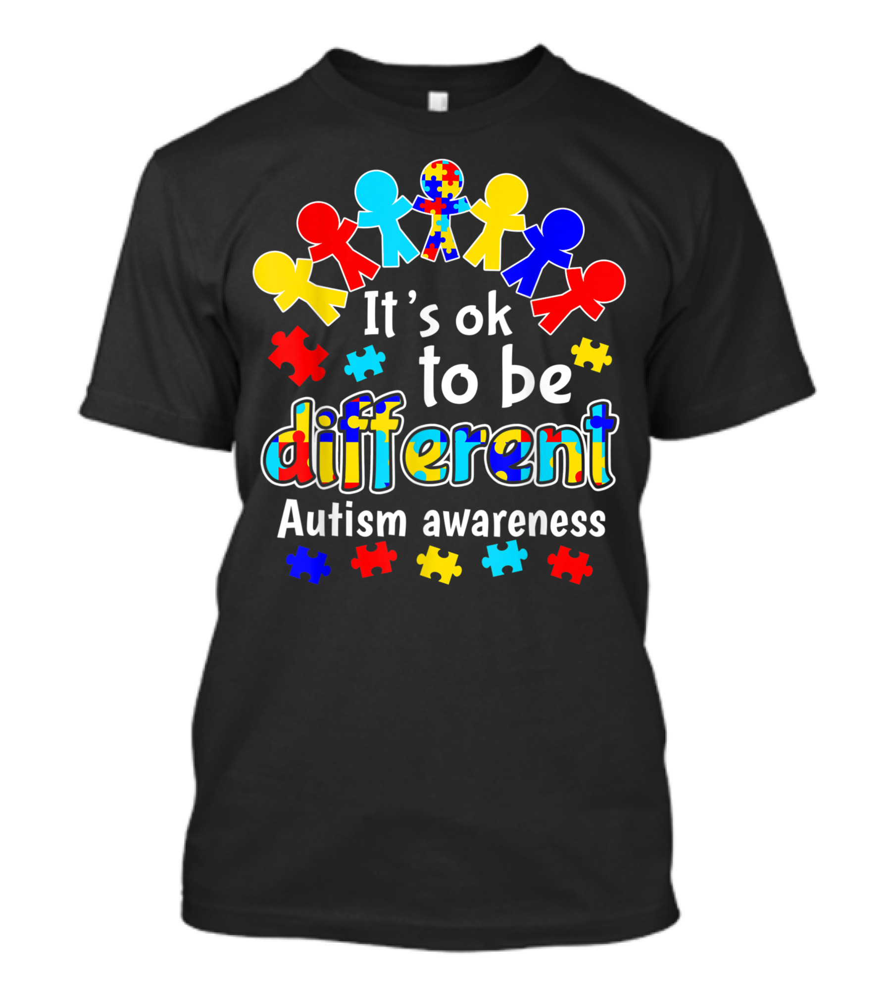 It's Ok To Be Different Autism Awareness Puzzle Pieces Human Figures T-Shirt
