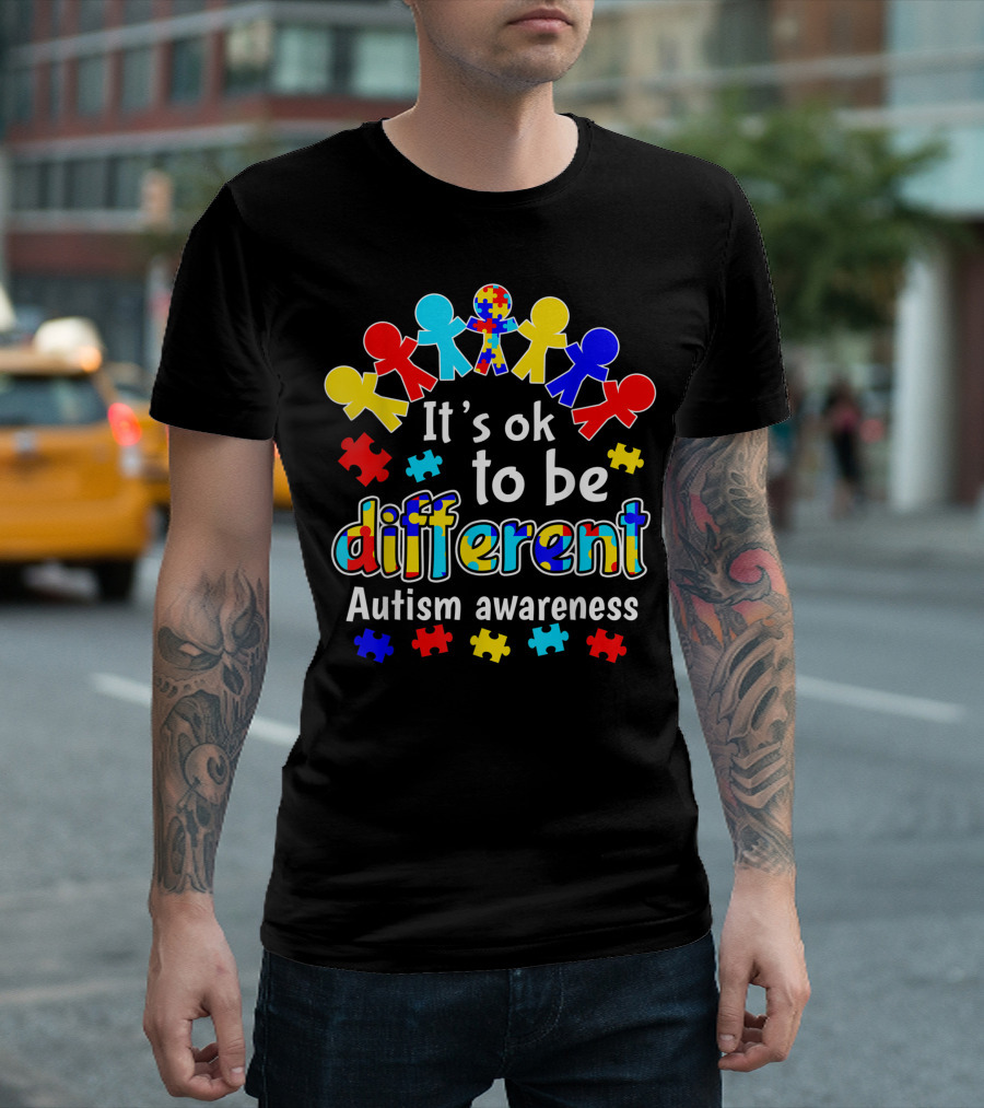 It's Ok To Be Different Autism Awareness Puzzle Pieces Human Figures T-Shirt