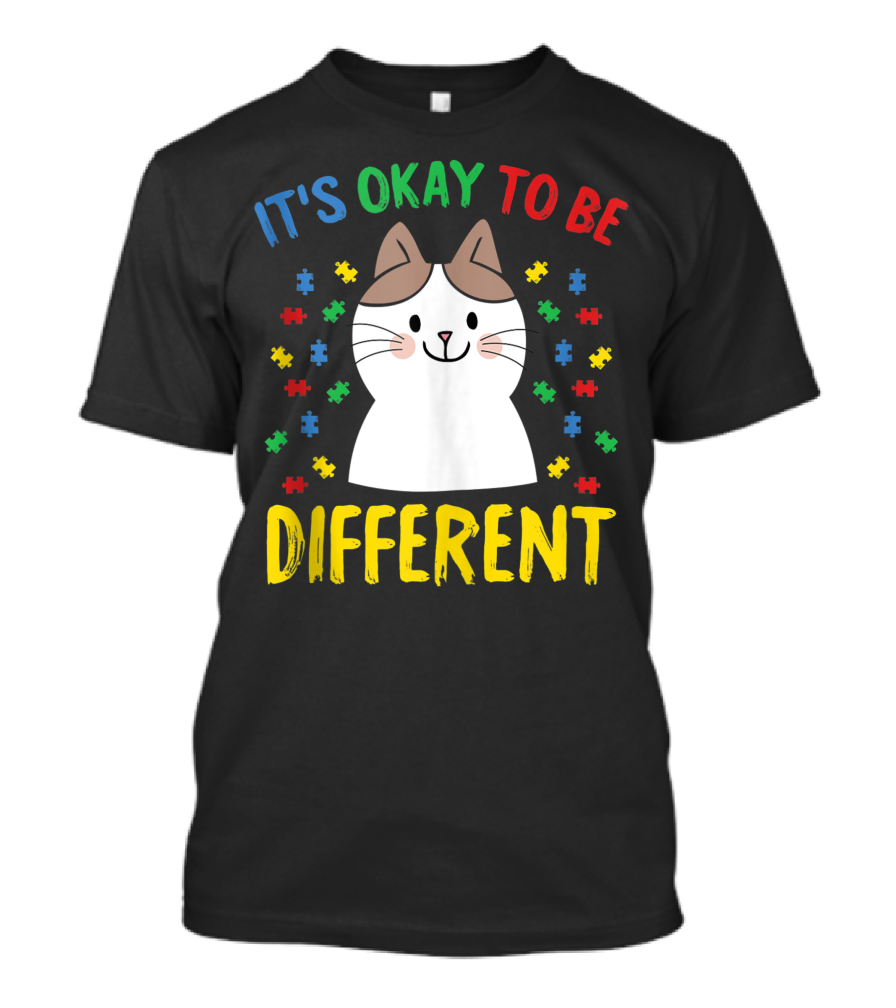 It's Okay To Be Different Autism Awareness Cute Cat Puzzle Pieces T-Shirt