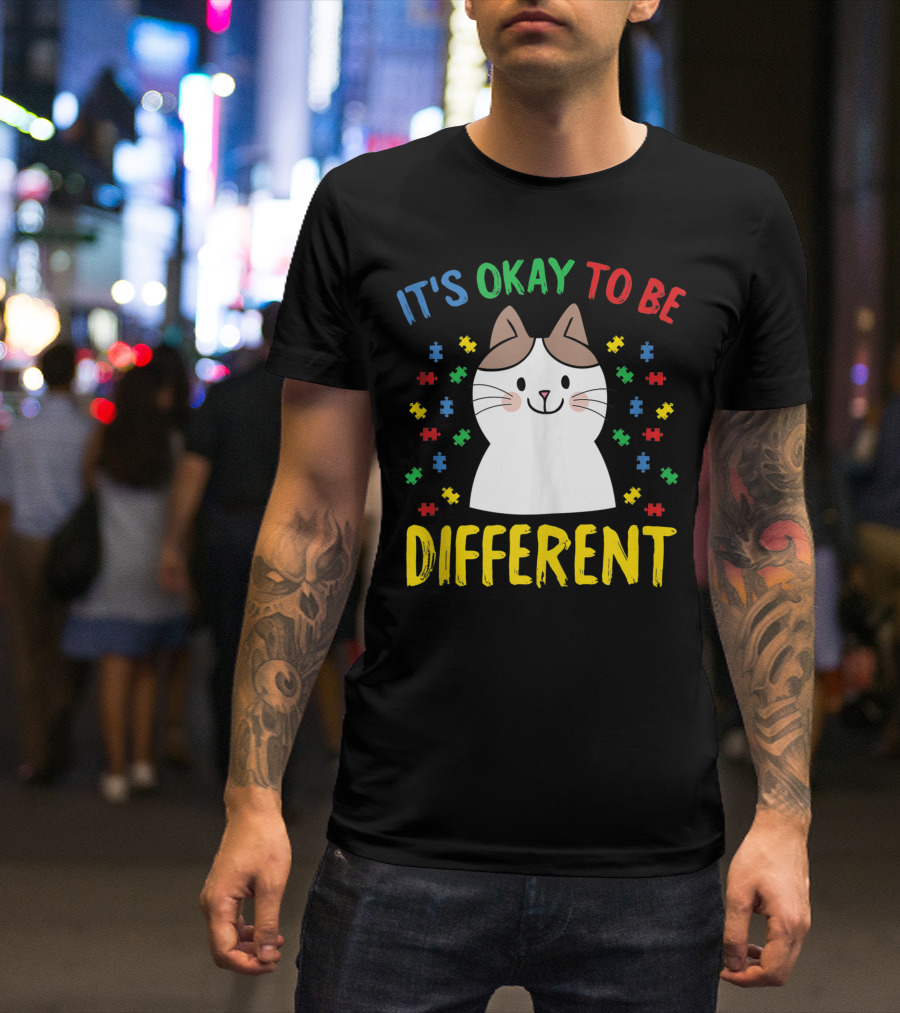 It's Okay To Be Different Autism Awareness Cute Cat Puzzle Pieces T-Shirt