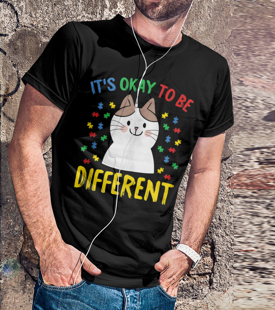 It's Okay To Be Different Autism Awareness Cute Cat Puzzle Pieces T-Shirt