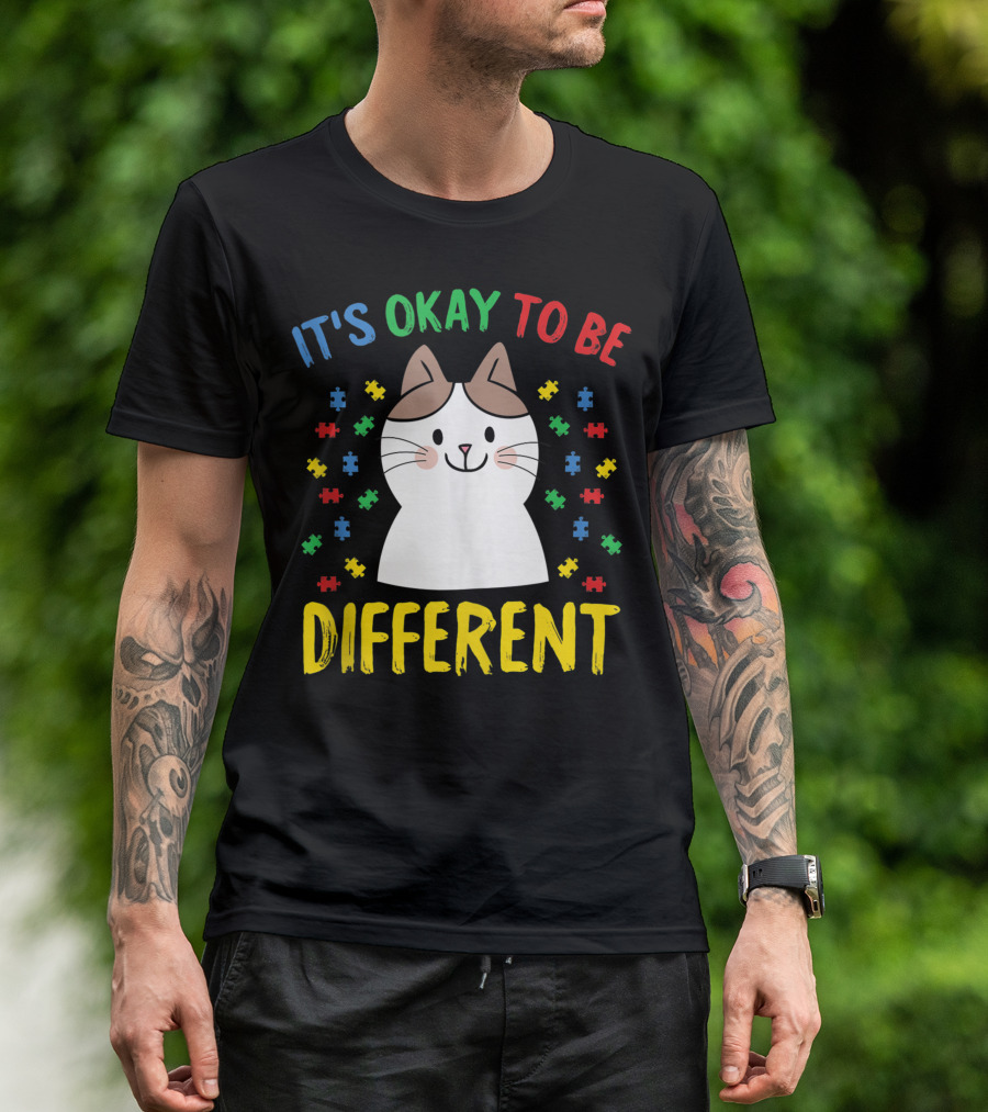 It's Okay To Be Different Autism Awareness Cute Cat Puzzle Pieces T-Shirt