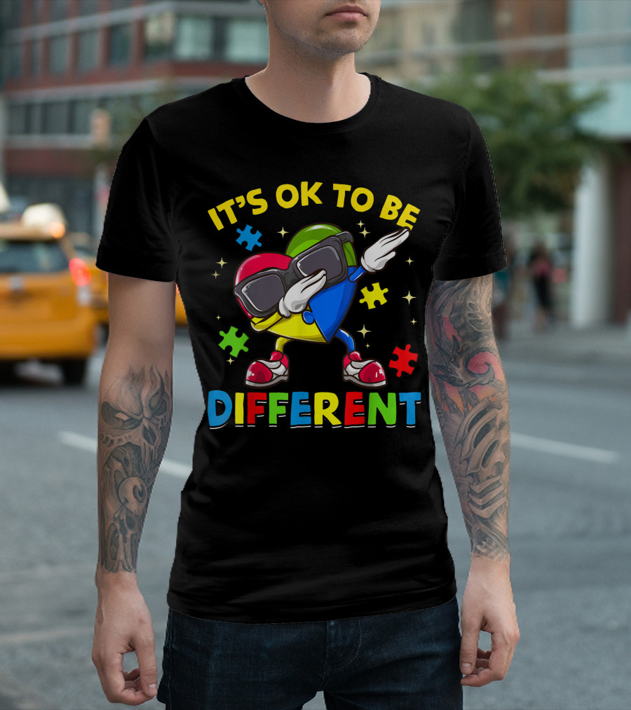 It's Ok To Be Different Autism Awareness Dabbing Heart Puzzle Pieces T-Shirt